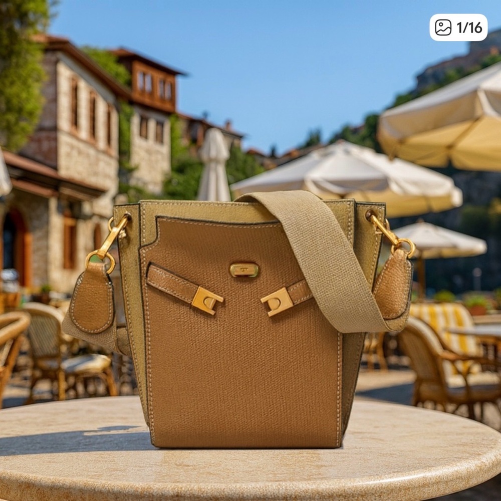 Tory Burch Lee Radziwill Tan Leather and Suede Crossbody Bucket Bag